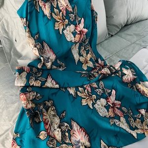 Vintage Floral Hawaiian Maxi Dress Teal Background, Size L